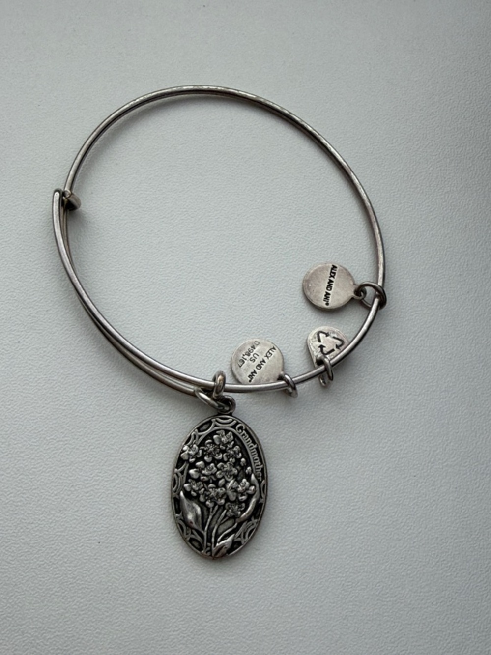Alex and Ani Grandmother Silver Floral Oval Charm Bangle Bracelet